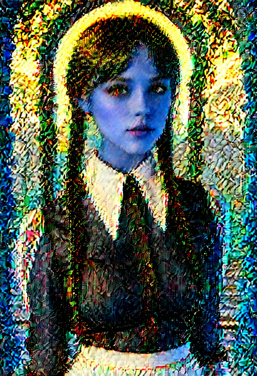 (full head):1.8, Arafed woman looks like Jenna Ortega with braids in a ((white dress and laced shirt, big breast):2.9), as Mittwoch Addams, Mittwoch Addams, she has white eyes!!!, Sie hat schwarze Haare mit Pony, with black pigtails, she has a sweet face, ((UnrealEngine5 epic masterpiece, ultra best quality, detailed, ultra sharpness focus, ultra high-resolution, ultra high-definition, UHD, HDR, vibrant DSLR vivid moonset)), colorful lighting, Evelyn Celebrian, blackess elf tanmed skin epic eyes breasts pubic tattoo, looking at viewer, Epic Cute, Eiffel reflection varies multi etc. --v 6 --s 1000 --c 20 --q 20 --chaos 100