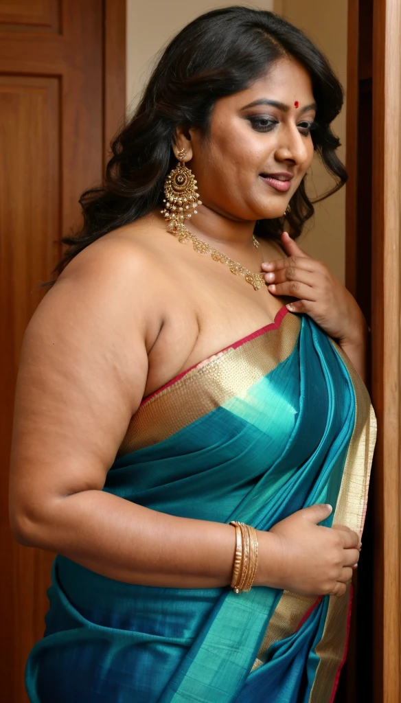 Sexy fat plus size indian bhabhi, sleeveless blouse, desi hot aunty, looks like Anushka Shetty, wearing sleeveless saree blouse, bold saree fashion, bong saree fashion, bold hot photoshoot, sexy sequin saree, she has fleshy arms and fat wide belly, sexy armpits, showing her attractive fleshy figure, high quality skin, skin pores, skin texture, deep juicy navel, sexy navel folds, fleshy figure, jiggly belly, 