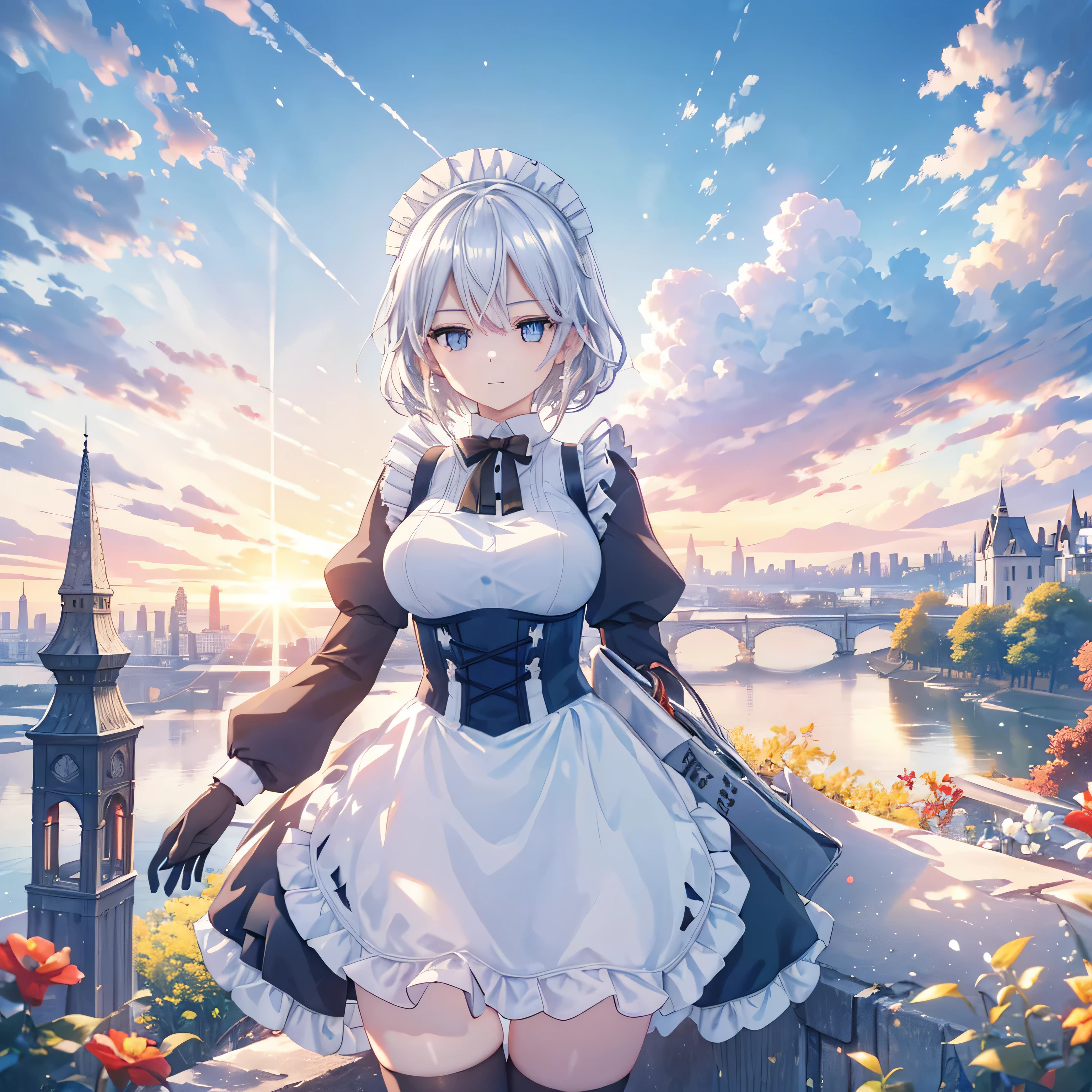 Illustration of one person, Dengeki Bunko, Woman Looking Back, Perfect Human Medicine, Woman keeps falling, {{{{{Maid clothes}}}}},,アニメ, two legs, Cool,{{{{{50 year old woman}}}}} ,{{{{{a person is depicted}}}}},(Official Art、{{{{{Upper Bodyアングル}}}}},Highest quality、Unity 8k wallpaper、32k、masterpiece、Ultra-detailed、Ultra-high resolution, Realistic、Grab your hair with your hands, Photorealistic:1.2)、(Cinema Lighting:1.2)、,Fire Glow Effect、The most grainy shadows on the film、Rim Light、Side light、Side Shot、(Ultra-detailed and intricate 3D rendering)、Very short hair, Short wolf hair,Beautiful face and eyes in every detail、Sharp pupils、Realistic students、slender、Highly detailed background、Beautiful Face、Beautiful 16 year old girl、(Ultra-detailedなスキン、Detailed skin texture:1.Silver Hair:1.3)、Blunt bangs、blue eyes、{{{{{黒いMaid clothes}}}}}、White apron costume、Black knee socks、(Thighs Thighs Thighs Thighs:0.8)、Black Bhutanese sticks and a beautiful sunset、Medieval castle、Dancing on the Tower Roof、(avert your eyes、Overlooking the city:1.3)、Fantastic、Close your mouth and bite, Makes your face smaller, (Tabletop), Highest quality, Perfect Face, 1 Girl, alone, Eye color is light blue, Hair between the eyes, Very Short Hair, blue eyes, Silver Hair, Knee-high boots, corset,Black gloves, Long sleeve, Upper Body,