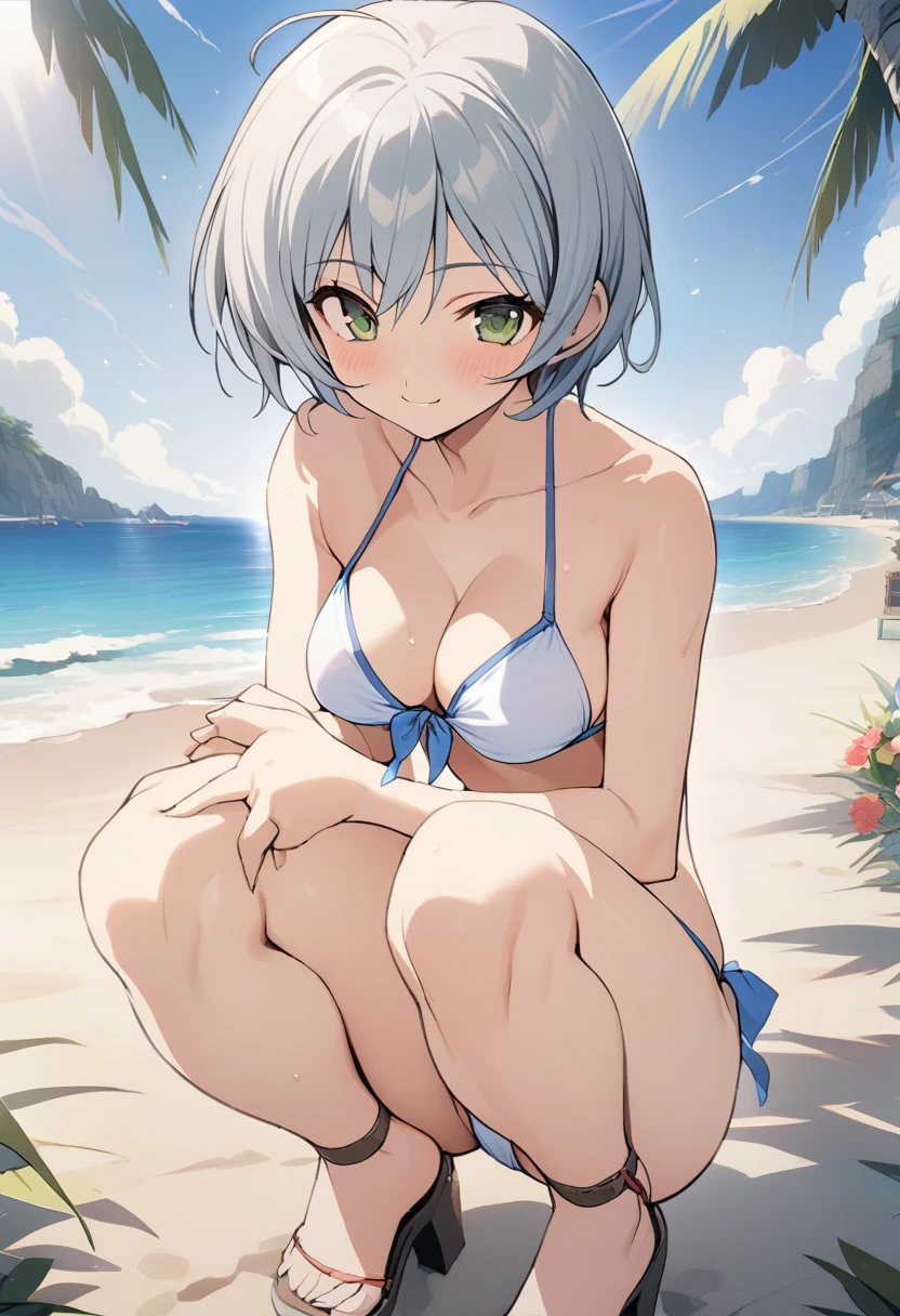One girl,Kaoru、Gentle expression、smile、Welcome、Ocean、blue sky、Sandy Beach、squatting,Sexy pose、Light blue sexy string bikini、A complete depiction of the human body、masterpiece, Highest quality, Game CG, ultra detailed、highres、extremely detailed CG