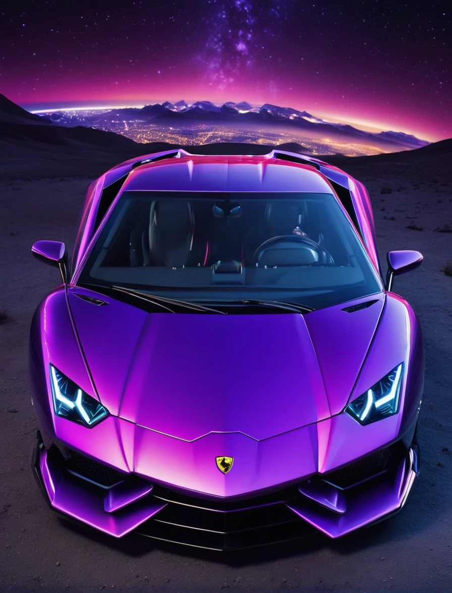 A sleek, futuristic Lamborghini with a glossy, neon purple finish and glowing white highlights, set against a cosmic backdrop with twinkling stars. The car is encased in a high-tech, neon purple frame, emphasizing its cutting-edge design and speed. The streamlined body is adorned with neon accents, and the car's lights shine brightly, highlighting its advanced technology. The image exudes speed and luxury, capturing the essence of high-tech, intergalactic travel. At the bottom, the text reads 'ALLO' in bold white letters with a tagline promoting instant global settlement for investing and trading assets.