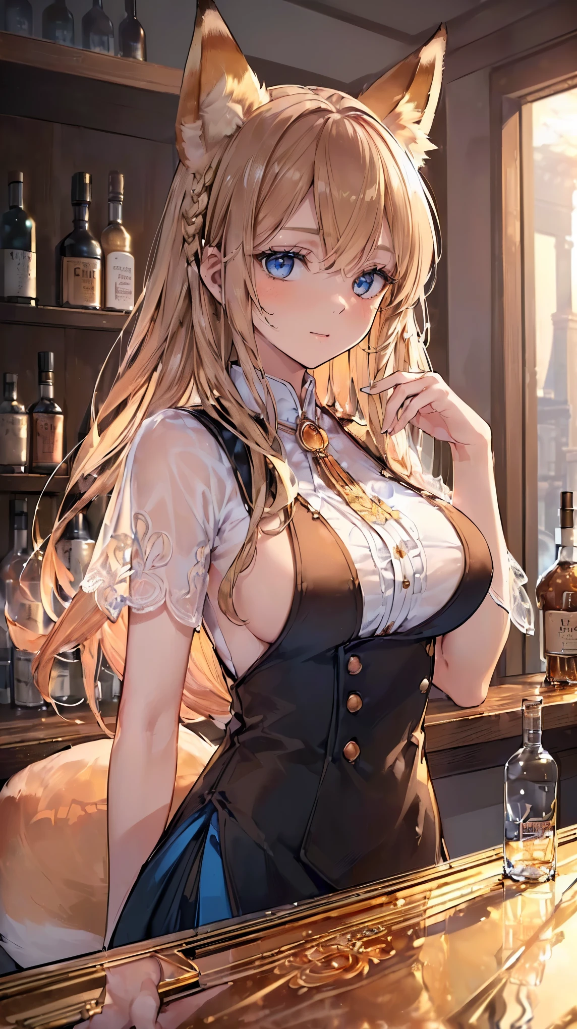 (((Masterpiece))), (((Highest quality))), ((Ultra-detailed)), ((Super fine illustration)), ((Ultra-fine painting)), (16K highest quality wallpaper:1.4), (Upper body:1.6), HDR, (Highly detailed and delicate illustration style:1.8), Detailed skin texture, Detailed cloth texture, Extreme detailed description, (T-masterpiece), (Highly detailed face:1.4), (Highly detailed fox ears:1.2), (Highly detailed (golden-brown:1.4) braid:1.2), (Highly detailed blue eyes:1.2), Original, RAW photo, Professional, Intricate details, Super details, (Perfect anatomy:1.4), (Highly detailed hands:1.2), (Highly detailed fingers:1.2), (Highly detailed fingertips:1.2), (27-years-old), (Solo:1.6), ((A beautiful and attractive (fox) female model:1.4)) BRAKE (Beautiful and adorable fox ears:1.6), (Highly detailed and delicate fox ears:1.2), (Beautiful and well-shaped big breasts:1.2), (Beautiful and well-shaped buttocks), (Beautiful and shiny (golden-brown:1.25) braid:1.6), (Highly detailed and delicate (golden-brown:1.4) braid:1.2), (Beautiful and clear blue eyes:1.6), (Highly detailed and delicate blue eyes:1.2), (Highly detailed face:1.4), (Smile:1.3), (Blush:1.2), (Looking at viewer:1.4) BRAKE (She is wearing a black and white short-sleeved high-end bartender uniform:1.4) BRAKE ((A high-end BAR in the background:1.4), A liquor shelf lined with bottles of high-quality whiskey and brandy:1.4, bar counter:1.4) BRAKE