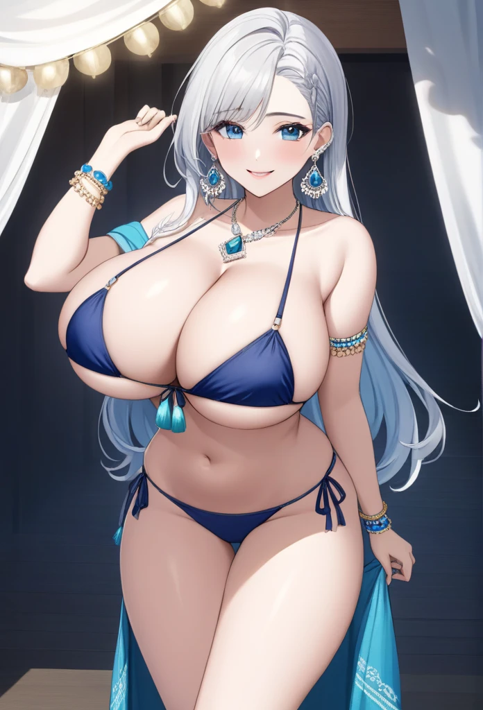 score_9, score_8_up, score_7_up, score_6_up, score_5_up, score_4_up, yu smiling, , detailed face, big silver jhumka earrings, makeup,white skin,sharp jawline ,big earrings, bracelet, delicate necklace ,big breasts, bikini ,blue eyes ,legs,