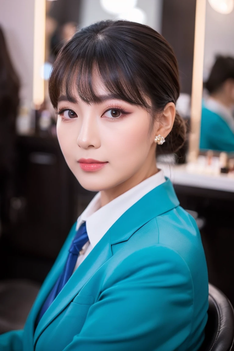 high quality portrait of a business woman, middle angle, makeup business, professional linkedin profile picture, makeup salon background