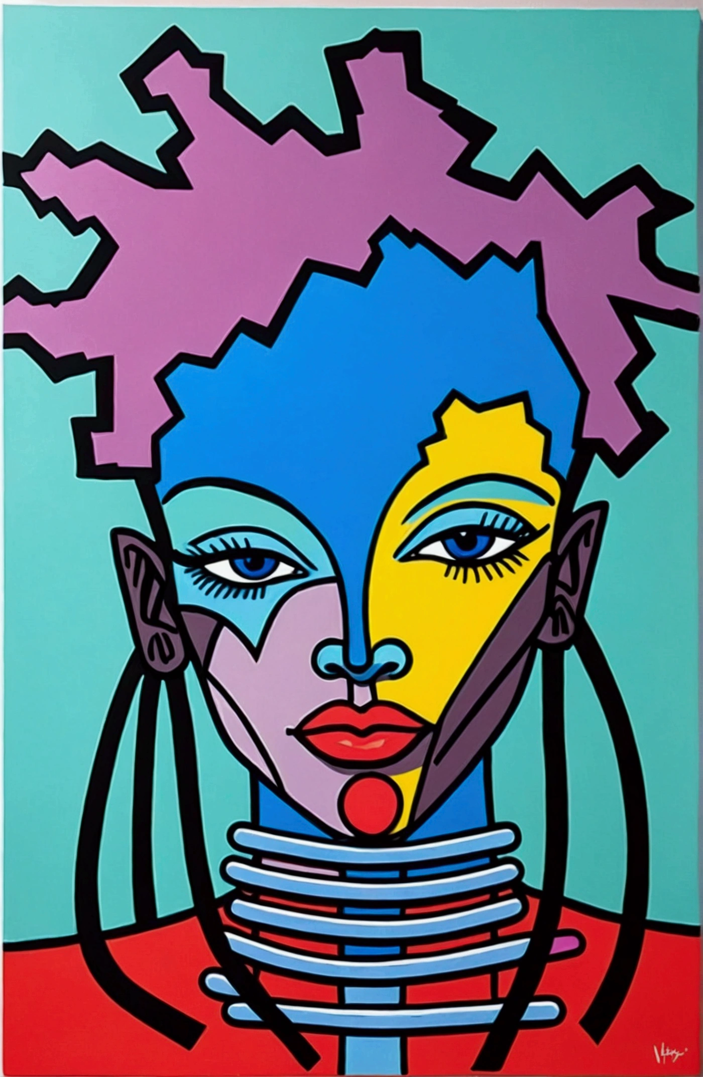An illustration of a sexy naked woman in the style of Jean-Michel Basquiat, with colorful lines, line art, and flat design using vector graphics on a white background. The portrait is colorful and bold with hyper-realistic details and a symmetrical composition. It uses bold outlines and clean lines with a red, blue, green and orange palette. The detailed facial features appear to be done by hand drawing
