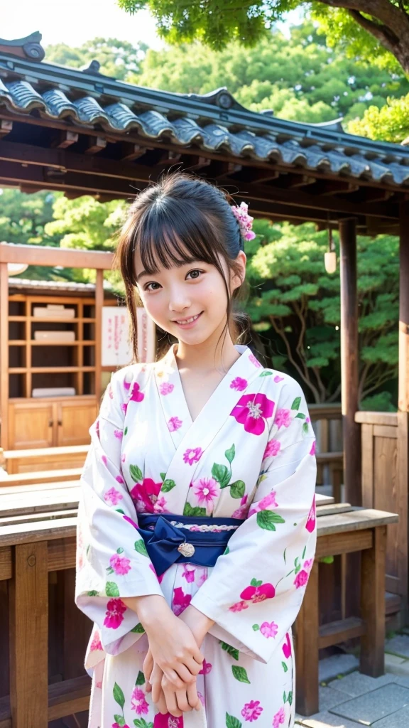 High resolution、high quality、Detailed face、Beautiful Face、cute、Young Face、Young face、Beautiful scenery in Japan、yukata、An innocent smile、whole body、Summer festival、stall