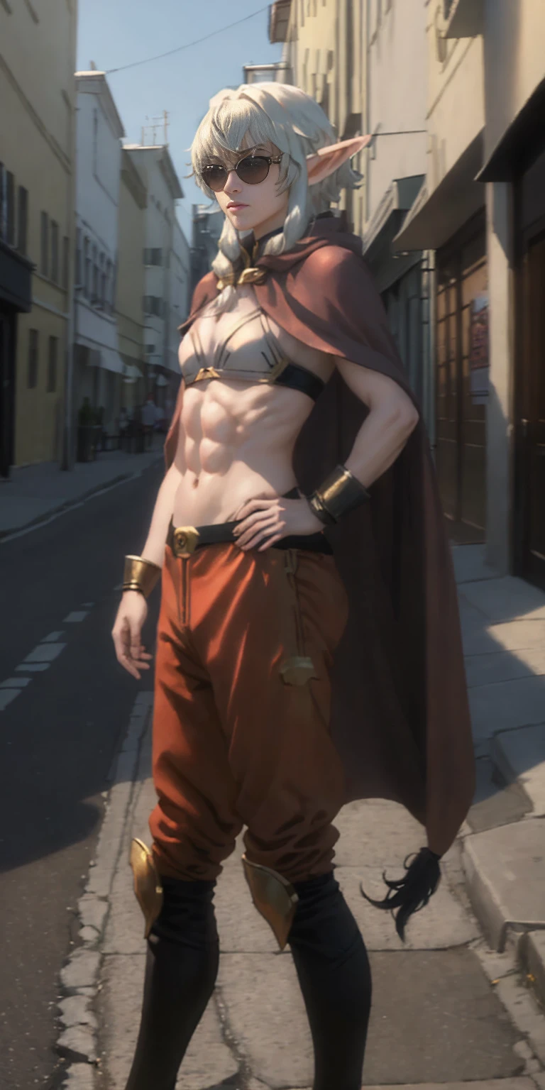 Subject: 1 Solo Female Drow Elf Physical Description: Purple Skin Long White Hair Strong Body with Abs Shiny Skin (Ultra Quality) Attire: Yellow Tiger Bikini (underneath) Red Cape (flowing) Pose: Standing Pose Background: Cinematic Street Scene (Atmospheric, 8K) Additional Notes: Red sunglasses