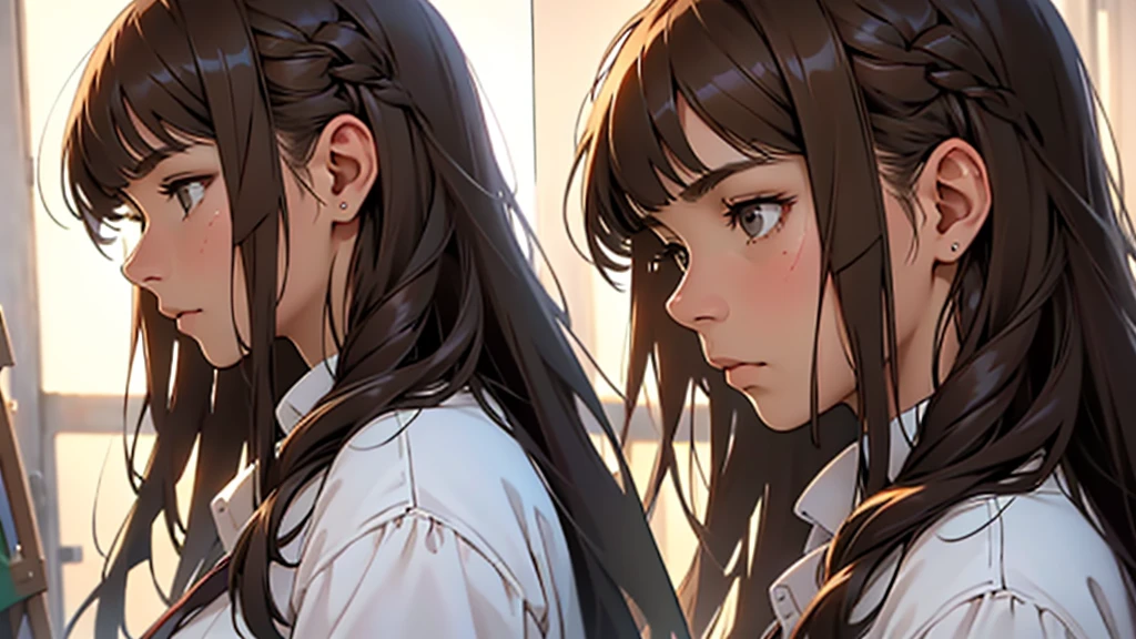 ((best quality)), ((work of art)), ((detailed)), woman, long brown hair with bangs, in profile, sad expression