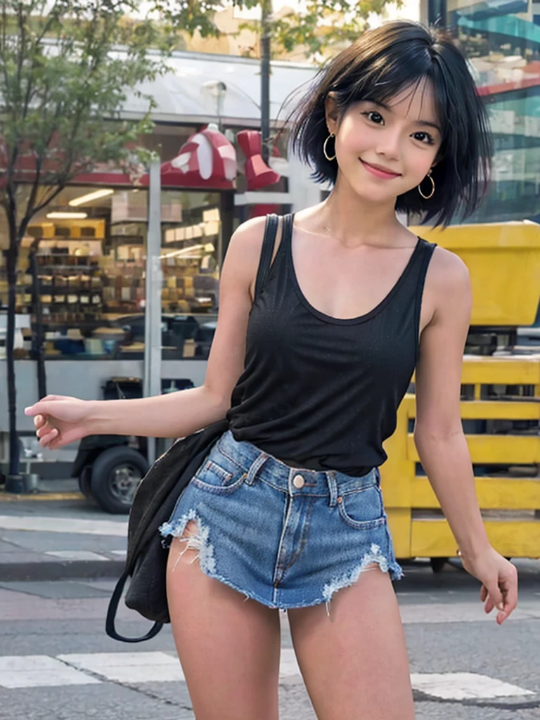 Highest quality, High resolution, girl, alone, Black Hair, Brown Eye, short hair, Cute Smile，Earrings, Denim mini skirt, Tank top shirt,  Small breasts, Cowboy Shot, She is wearing black short boots，ステージにaloneスポットライトを浴びている,Full body standing
