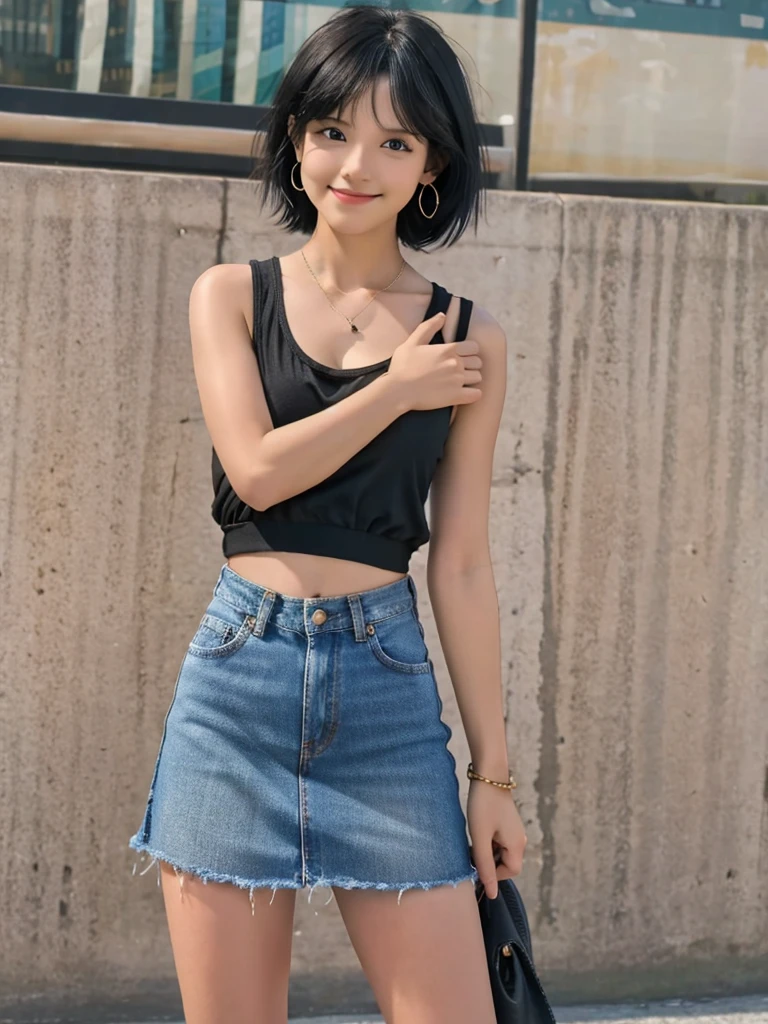 Highest quality, High resolution, girl, alone, Black Hair, Brown Eye, short hair, Cute Smile，Earrings, Denim mini skirt, Tank top shirt,  Small breasts, Cowboy Shot, She is wearing black short boots，ステージにaloneスポットライトを浴びている,Full body standing