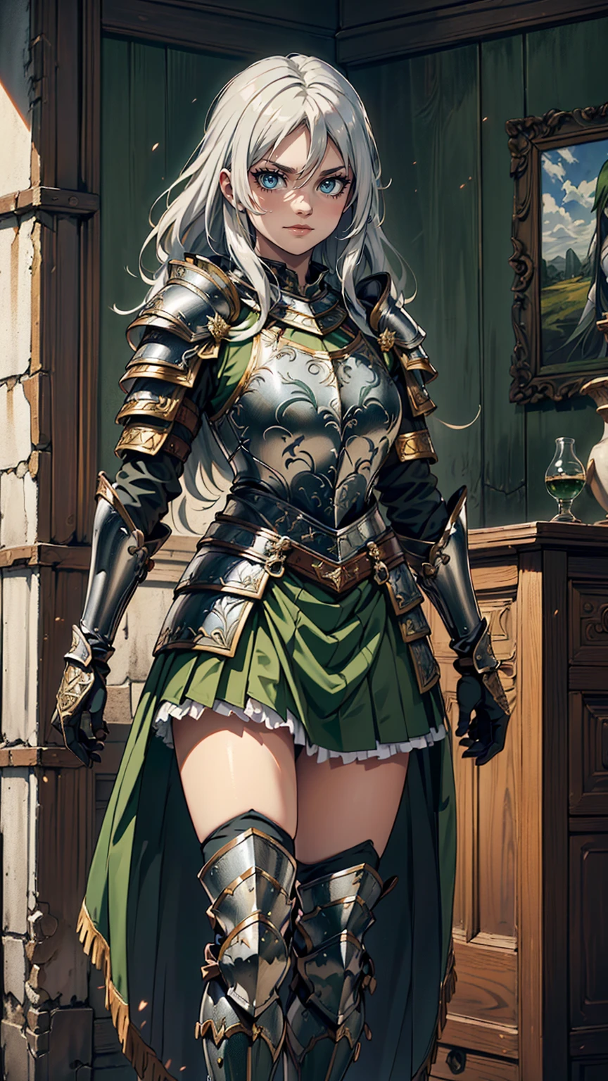 最high quality、Ultra High Definition, Ultra High Quality, Hyper Definition, Hyper Quality, Hyper Detailed, Extremely Detailed, Perfectly Detailed, Best image quality、masterpiece、anime woman((20-year-old、super dynamic pose , Green solid eyes, Silver long Hair、Disheveled Hair、Long White Hair,  Glove、Green Skirt, Noble Armor, Smirk, cheerful expression, Detailed Cuirass , Dressed in Full Coverage Noble Plate Armor, leg armor)),high quality、Beautiful art、background((Inside the mansion))、Written boundary depth、  movie、Visual Arts、Perfect art、8K,Genuine、