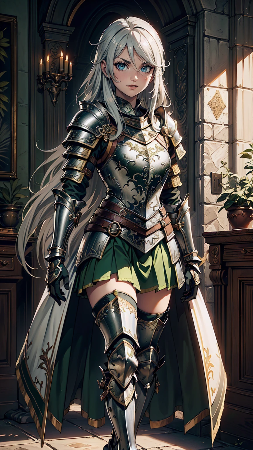 最high quality、Ultra High Definition, Ultra High Quality, Hyper Definition, Hyper Quality, Hyper Detailed, Extremely Detailed, Perfectly Detailed, Best image quality、masterpiece、anime woman((20-year-old、super dynamic pose , Green solid eyes, Silver long Hair、Disheveled Hair、Long White Hair,  Glove、Green Skirt, Noble Armor, Smirk, cheerful expression, Detailed Cuirass , Dressed in Full Coverage Noble Plate Armor, leg armor)),high quality、Beautiful art、background((Inside the mansion))、Written boundary depth、  movie、Visual Arts、Perfect art、8K,Genuine、