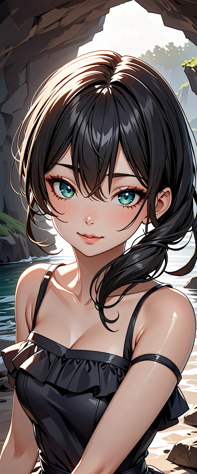 (Top Quality, Masterpiece, Ultra Realistic), Portrait of one beautiful and delicate girl with soft and peaceful expression, Single girl, Hair color, Bangs, Hairstyle fax, Portrait from waist up, Naked, bathing, sweating, ladies, Long black hair in light green, Grey eyes, Hair spread out in water, Dull bangs, Dipping in water up to chest, Smiling, Mouth wide open, Selfie, Very small breasts, Focus on mouth
