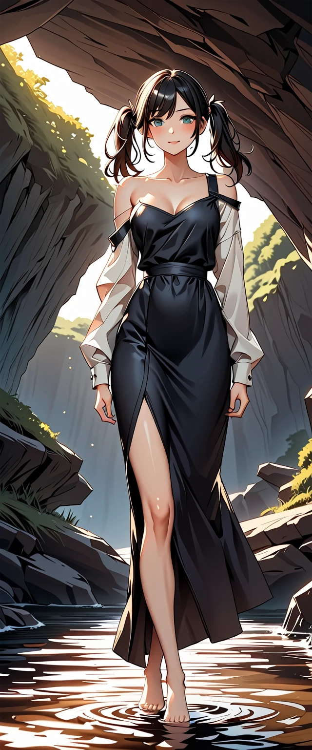 Photo of a woman with natural skin, Seaside cave, The light is shining in, Upper Body, Smiling, High Twintails, Black hair with red mesh, Sharp eyes with red eyeshadow, Blue-green eyes, Shining eyes, A thin, upturned nose, Well-shaped lips, ((Black off-the-shoulder dress, Thin shoulder straps)), barefoot, Makeup, Exquisitely crafted with the utmost attention to detail, Vibrant, amazing, Smooth, Cinematic, 4K, Backlight, (()), Shallow depth of field, ((Detailed eyes:1.3, Detailed lips:1.3, high quality, )), masterpiece, Super detailed images, High quality