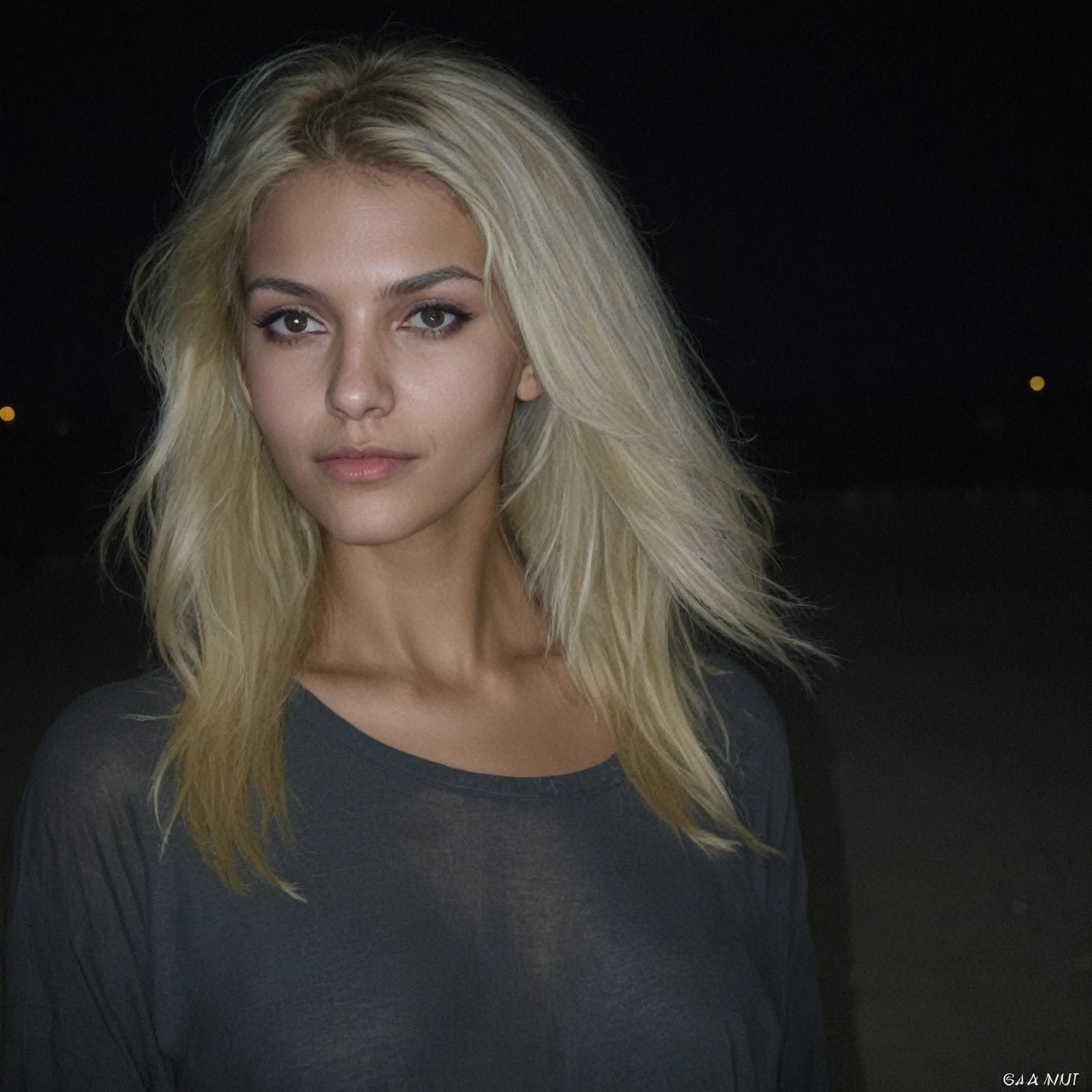 + / Une femme mince et sale aux cheveux blonds en vacances profitant de la scène locale à Gizeh la nuit