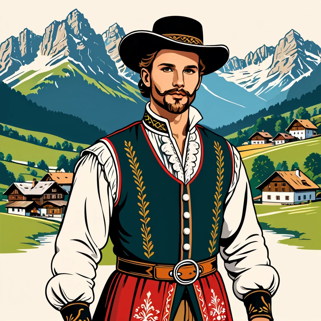 man in austrian folk outfit, vector graphics, strong contours
