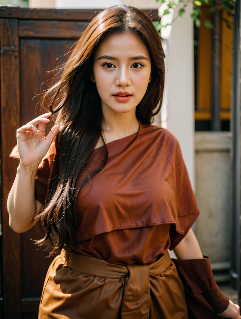 (8K,Masterpiece,Nothing special, realistic :1.3), best quality, Portrait , realistic, Face Focus, 1 woman, long brown hair, Traditional Thai dress , ( Comfortable red:1.2), temple background, (The Wind:1.2),(sunlight:1.2), big breasts