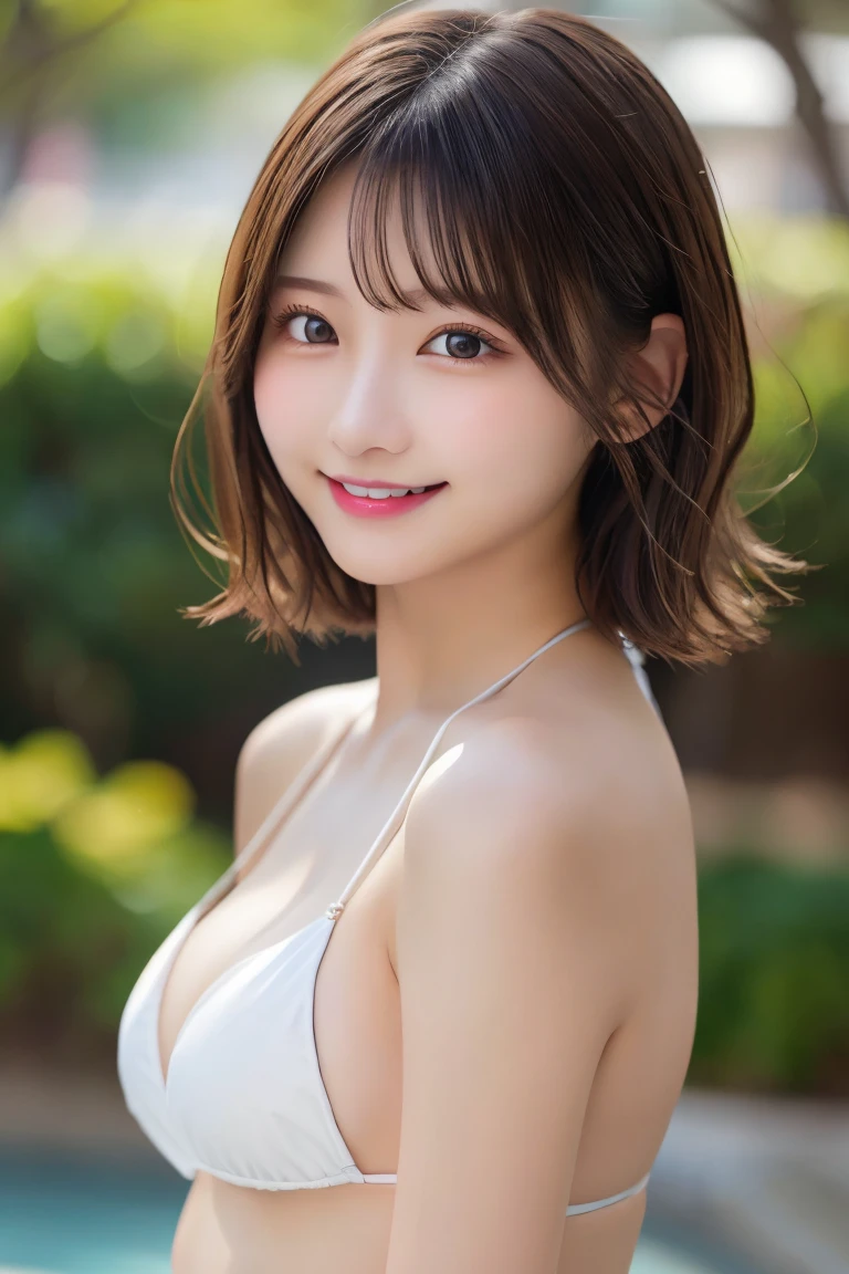 (8K.Highest quality), (beautiful)、Very delicate eyes、Brown eyes、22-year-old female、Brown Hair、looking at the camera、Semi-short hair、Gal、Soft boobs、Upper Body、Micro Bikini、Natural lips、smile、 background