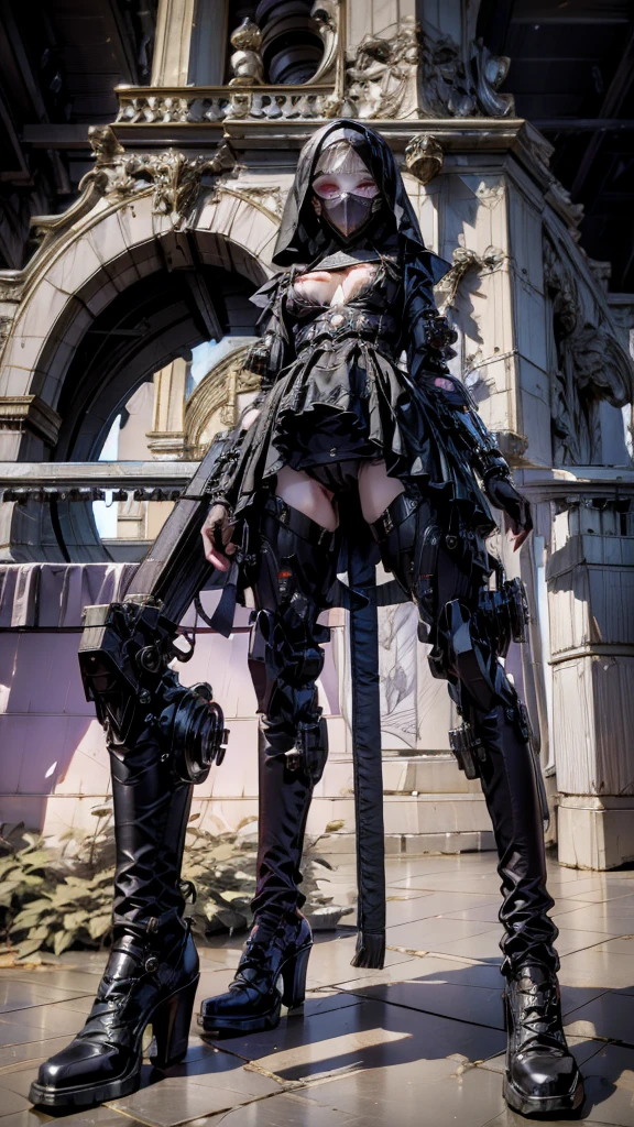 (masterpiece:1.1), (best quality:1.1), (flat colors:1.2), BREAK,
(dark fantasy:1.1), (purple theme:1.1), BREAK,
(solo:1.2), (full body pose:1.0), (hourglass body shape), (High heel boots:1.5), (dynamic:1.0), (nun:1.1), (bio mechanical:1.0), (cybernetic parts:1.1), (large breasts:1.0), (tactical vest:1.0), (with buckle and tape:1.0), (mouth mask:1.5), (Skulls on the ground), nude, nsfw, In the artstyle of marilyn manson,