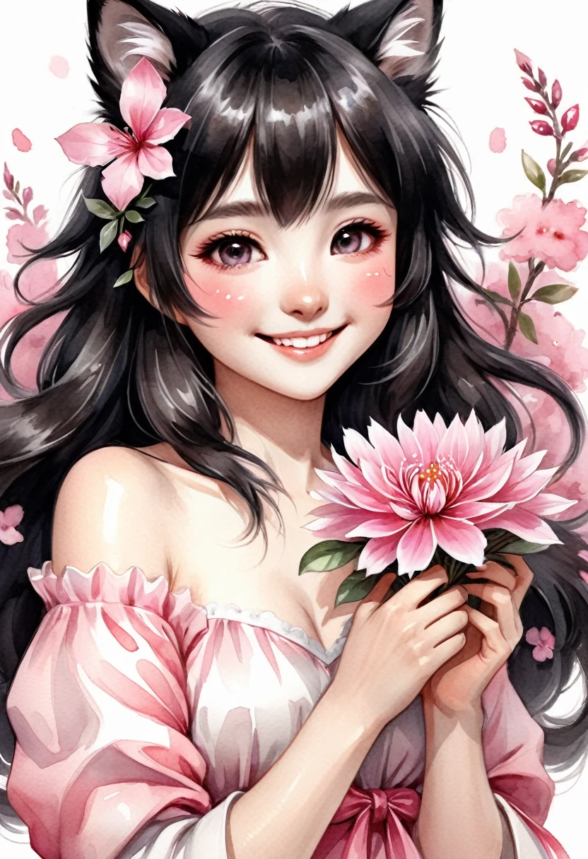 monochrome, watercolor, highres, top quality, best quality, paid reward available, High-quality illustrations, unparalleled masterpiece, perfect artwork, absurdres, 1girl, kemono, furry, detailed body fur, animal face, animal hand, Archaic Smile, holding a cluster of pink flower in both hands, which are positioned at chest level, She is wearing a simple ring on the ring finger of her left hand, unfocused spread of pink flower, fan-created work shared on platforms Pixiv or ,