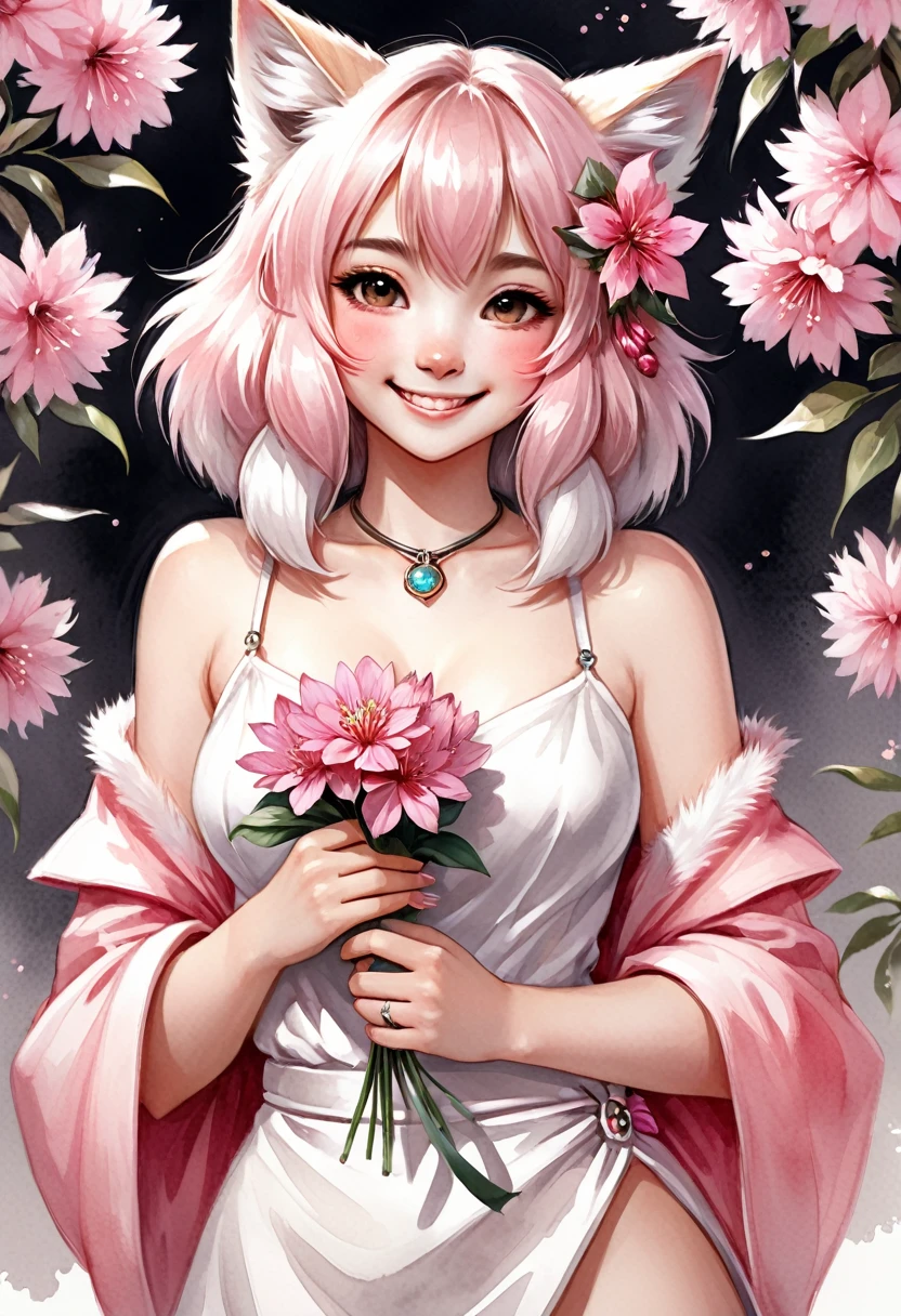 monochrome, watercolor, highres, top quality, best quality, paid reward available, High-quality illustrations, unparalleled masterpiece, perfect artwork, absurdres, 1girl, kemono, furry, detailed body fur, animal face, animal hand, Archaic Smile, holding a cluster of pink flower in both hands, which are positioned at chest level, She is wearing a simple ring on the ring finger of her left hand, unfocused spread of pink flower, fan-created work shared on platforms Pixiv or ,