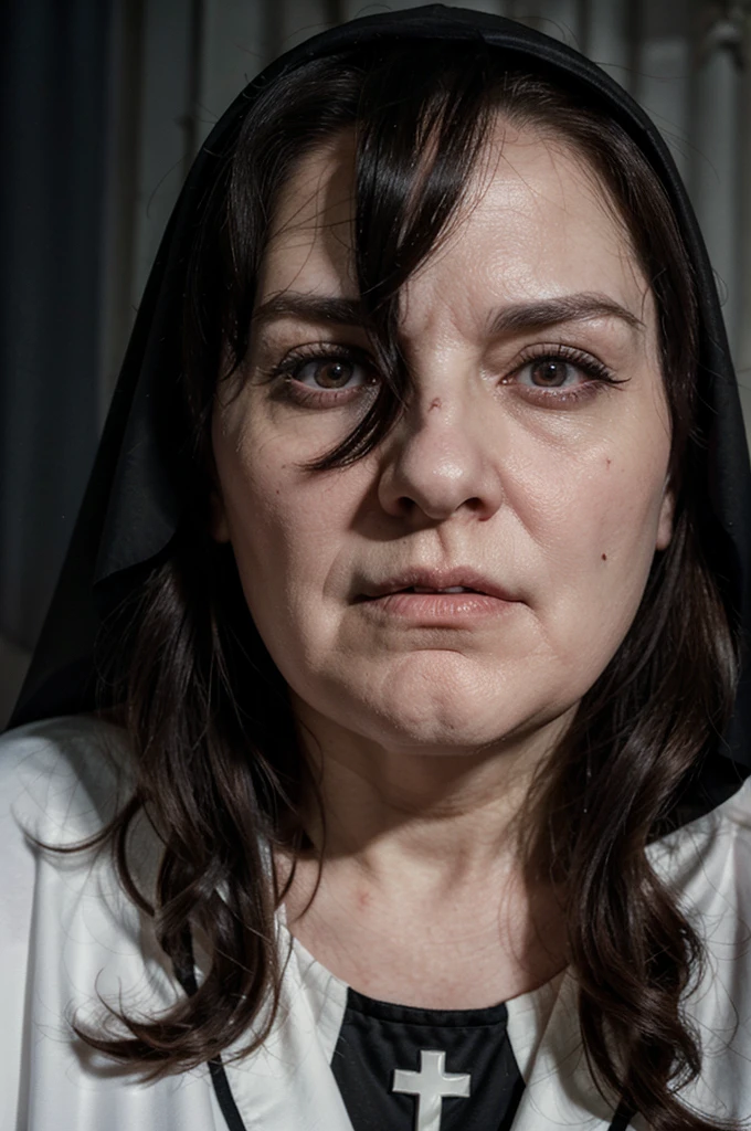 seventy year old, fat,dark hair, huge , creepy, scary, nun, horror theme, cult, , cult leader, worship, pale skin, stigmata, disappointed expression, nude