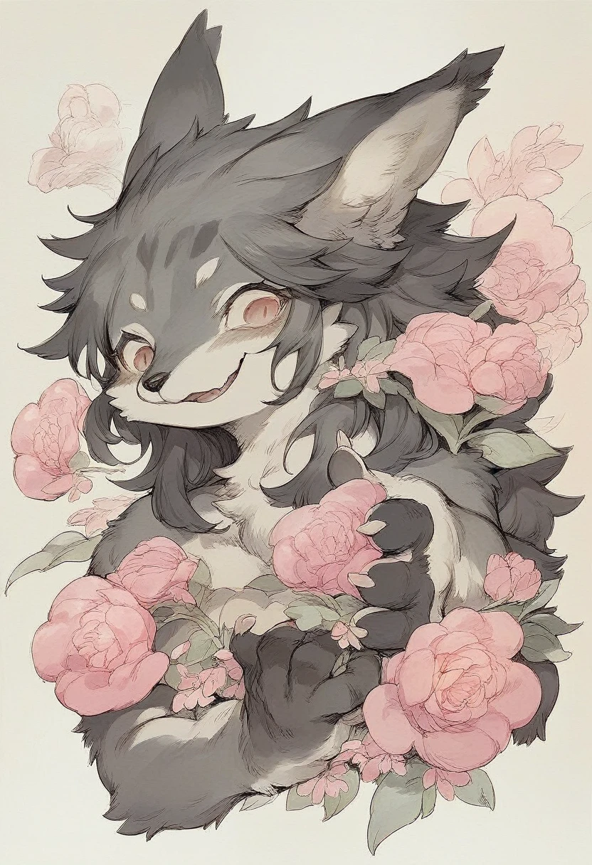 monochrome, watercolor, highres, top quality, best quality, paid reward available, High-quality illustrations, unparalleled masterpiece, perfect artwork, absurdres, 1girl, kemono, furry, detailed body fur, animal face, animal hand, Archaic Smile, holding a cluster of pink flower in both hands, which are positioned at chest level, She is wearing a simple ring on the ring finger of her left hand, unfocused spread of pink flower, fan-created work shared on platforms Pixiv or ,