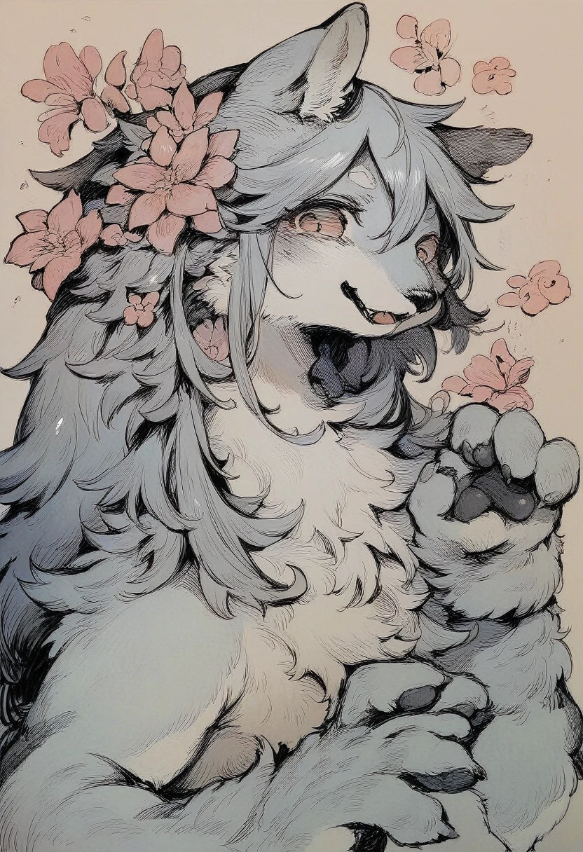 monochrome, watercolor, highres, top quality, best quality, paid reward available, High-quality illustrations, unparalleled masterpiece, perfect artwork, absurdres, 1girl, kemono, furry, detailed body fur, animal face, animal hand, Archaic Smile, holding a cluster of pink flower in both hands, which are positioned at chest level, She is wearing a simple ring on the ring finger of her left hand, unfocused spread of pink flower, fan-created work shared on platforms Pixiv or ,