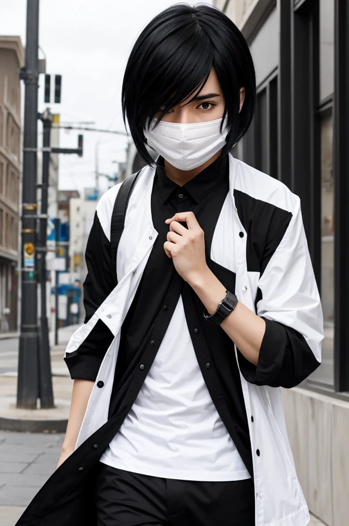 Create an anime character that has black pants, black shirt, white and black hair, and covers my entire face. 