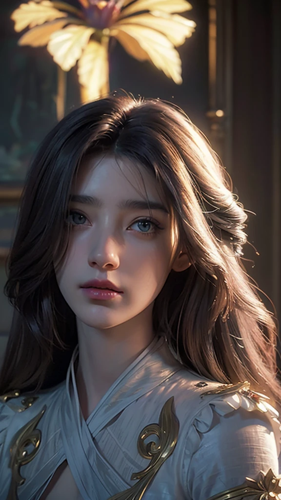 Hyperrealist portrait of female by david hockney and alphonse mucha,fantasy art, photo realistic, dynamic lighting, artstation, poster, volumetric lighting, very detailed faces, 4 k, award winning,, 1girl, in the dark, deep shadow, low key,cowboy shot,(official clothing:1.4) ,long hair,white hair,