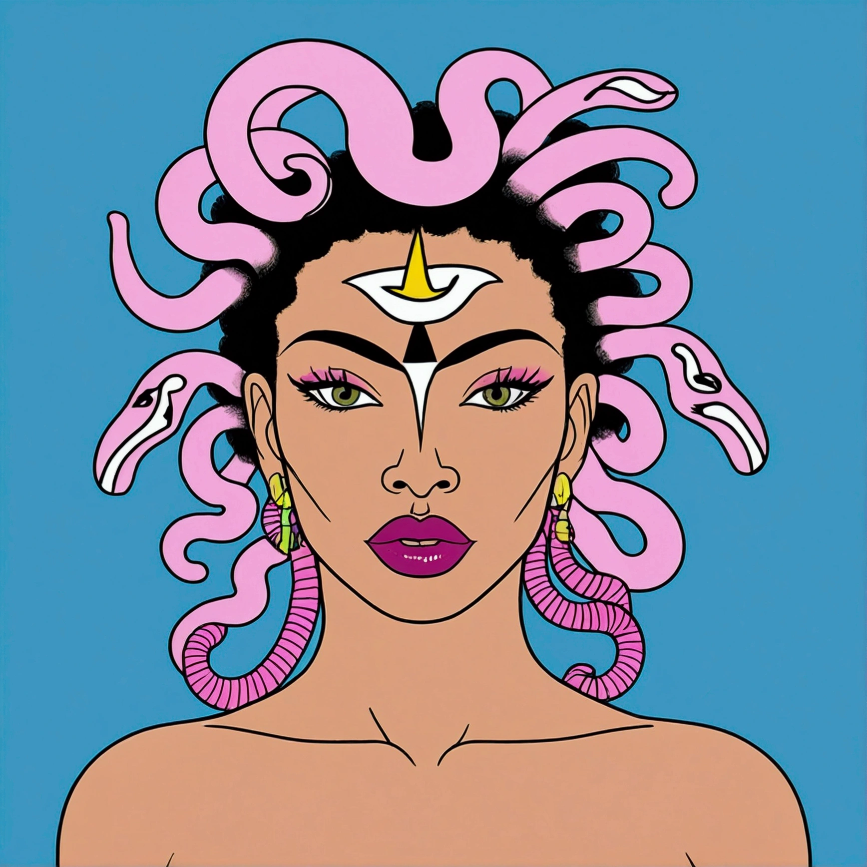 An illustration of a sexy naked woman in the style of Jean-Michel Basquiat, with colorful lines, line art, and flat design using vector graphics on a white background. The portrait is colorful and bold with hyper-realistic details and a symmetrical composition. It uses bold outlines and clean lines with a red, blue, green and orange palette. The detailed facial features appear to be done by hand drawing