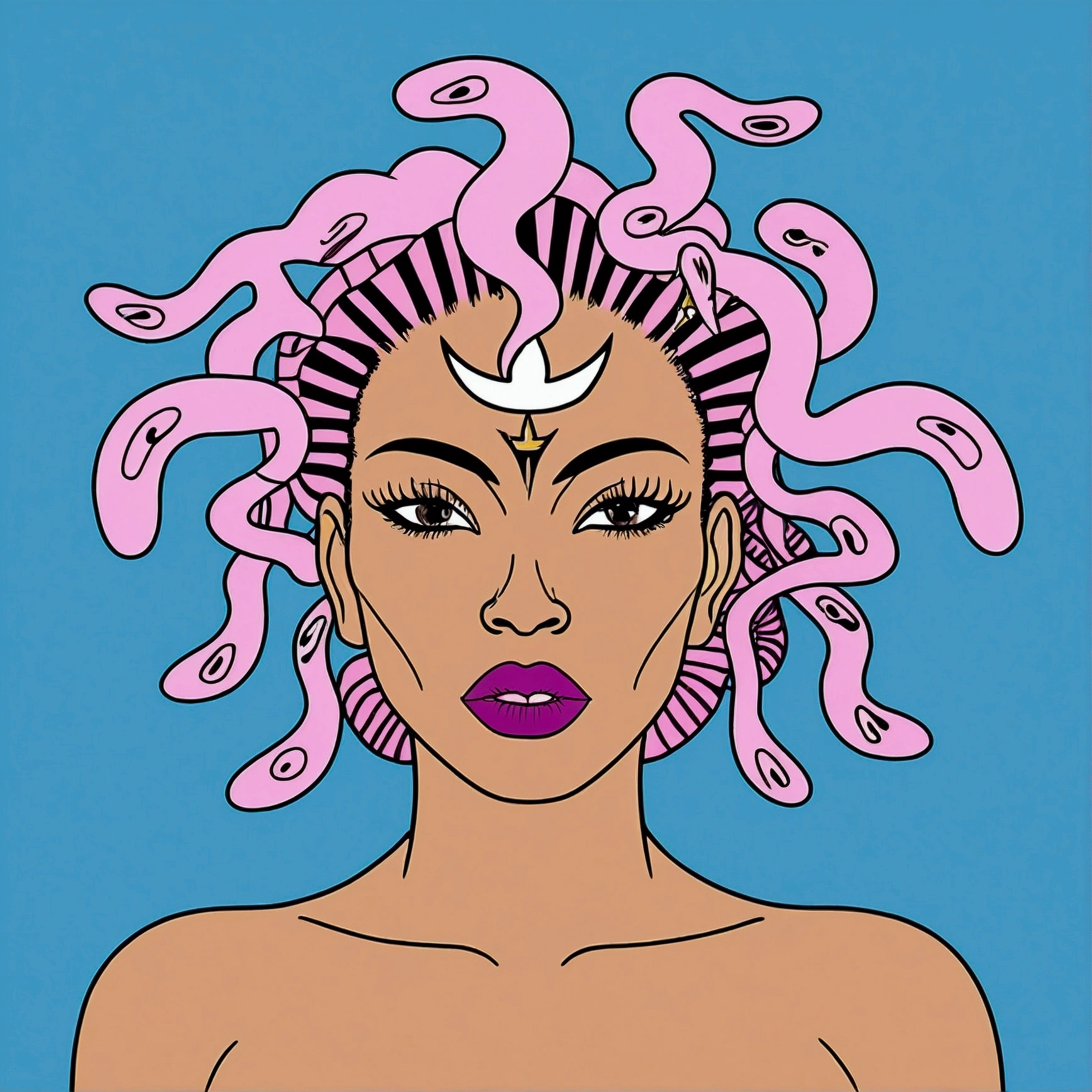 An illustration of a sexy naked woman in the style of Jean-Michel Basquiat, with colorful lines, line art, and flat design using vector graphics on a white background. The portrait is colorful and bold with hyper-realistic details and a symmetrical composition. It uses bold outlines and clean lines with a red, blue, green and orange palette. The detailed facial features appear to be done by hand drawing