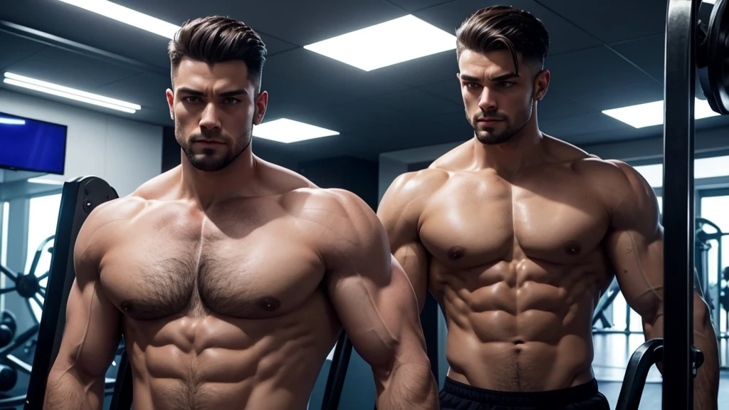 Crie uma imagem de thumbnail mostrando a transformação impressionante de A thin man para um homem com peitoral forte e musculoso. The image must be divided in half: To the left, A thin man, showing a chest with little muscle, wearing no shirt, o mesmo homem musculoso exibindo seu peitoral definido wearing no shirt. Both are in a modern gym setting with weight training equipment in the background and blue and purple LED lighting for a dramatic effect.. The man's facial expression should show determination and confidence in the transformation. Specific Details: Position and Division: Homem magro To the left, exibindo um peitoral magro com pouca musculatura wearing no shirt. Muscular man on the right, wearing no shirt, showing defined chest. Clear dividing line between the two parts of the image. enviroment: Modern gym with weight training equipment. Blue and purple LED lighting for a dramatic effect. Facial expression: Determination and confidence visible on the man's face in both versions. Elementos visuais: bodybuilding equipment in the background. Gym details like dumbbells, espelhos, and weight machines.