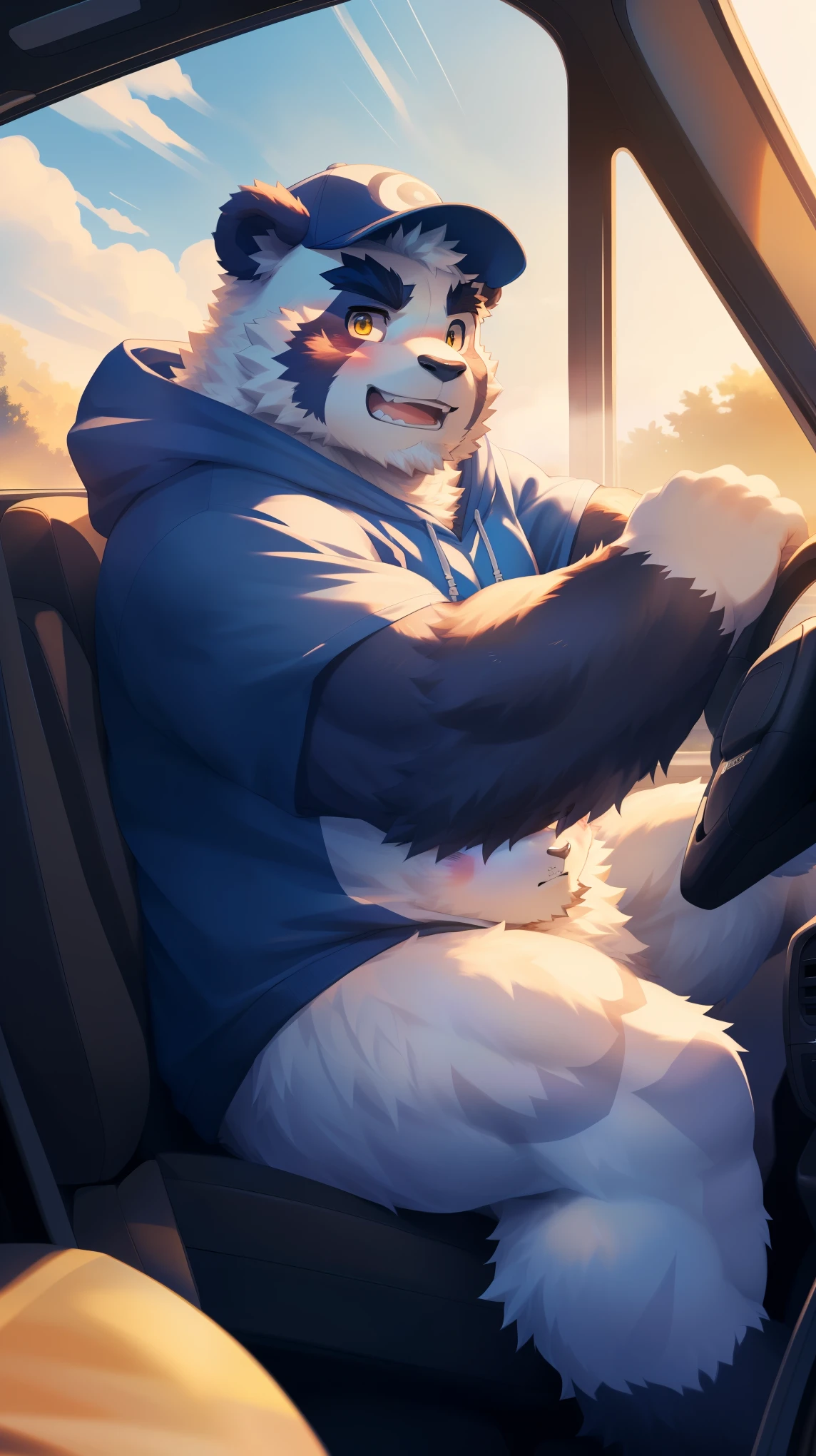 (Vision:1.5), solitary, anthropology, hairy, hairy male, Giant Panda, ((Fluffy fur, Fluffy, hairy body)), (panda print), (Thick eyebrows), youth, muscular, Golden pupils, Detailed teeth, defaced face, fundos, driver, Hoodies, Baseball cap, cab里, Driving, sideways, Shy expression, A faint smile, blush, (Dynamic poses:1.5), Clear facial features, Strong, majestic, alone, panoramic, Fog atmosphere, early morning, Tyndall Light Effect, cab, Sunlight through the car window, (By Empty Ghost, From panda20, masterpiece, high quality, high resolution,8K)
