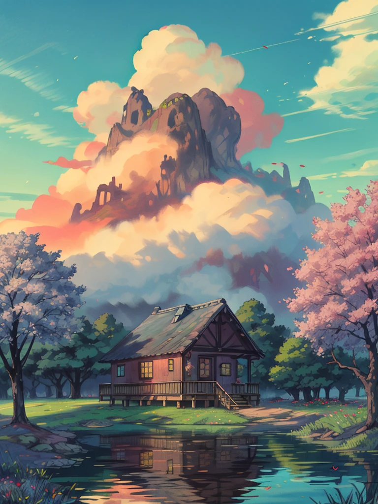 a hut surrounded by trees, line art, pinkish blue sky, cart, shadow, shade, ghibli style, flowers, stone, lake, reflection, no humans, scenery, outdoors, sky, cloud, building, sign, house, window, plant, cloudy sky, bush, sunset