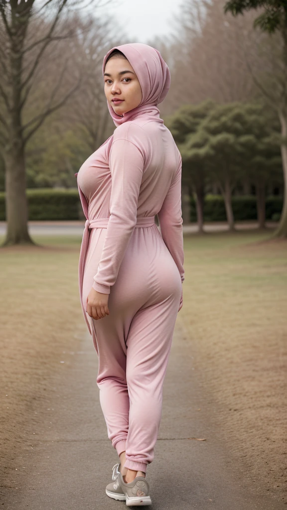 ((best quality)), ((masterpiece)), ((realistic)), woman, 15-year-old, Japanese girl, wearing black Hijab , short girl, mesmerizing blue eyes, extremely detailed, natural skin tone, saggy breast, skin with pores, big ass, enormous hips, tight thighs, wearing pink long sleeves plicated suit maxi dress, fitted maxi dress, portrait, full body shot, fit body, wearing pink shoes, back view, side shot, walking in park, shallow depth of field, body fully covered with clothes except face and hands