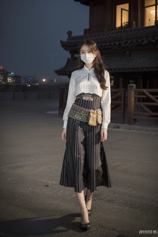 ((original photography:1.2)),Photographed by mobile phone,RAW photos,(masterpiece, Top quality, best quality,Official Art, beautiful and aesthetic:1.2),Night view of Beijing,violent storm,1 Girl, Perfect body,Full body portrait,Fashion的头发, Very long hair, delicate eyes, Side Light, Sweating,(With a mask), Huge breasts,Fashion的民族服飾,Tight long skirt,(intricate ethnic costumes、embroidery、stripe、pattern、Fashion、Hollow),Long slender legs
