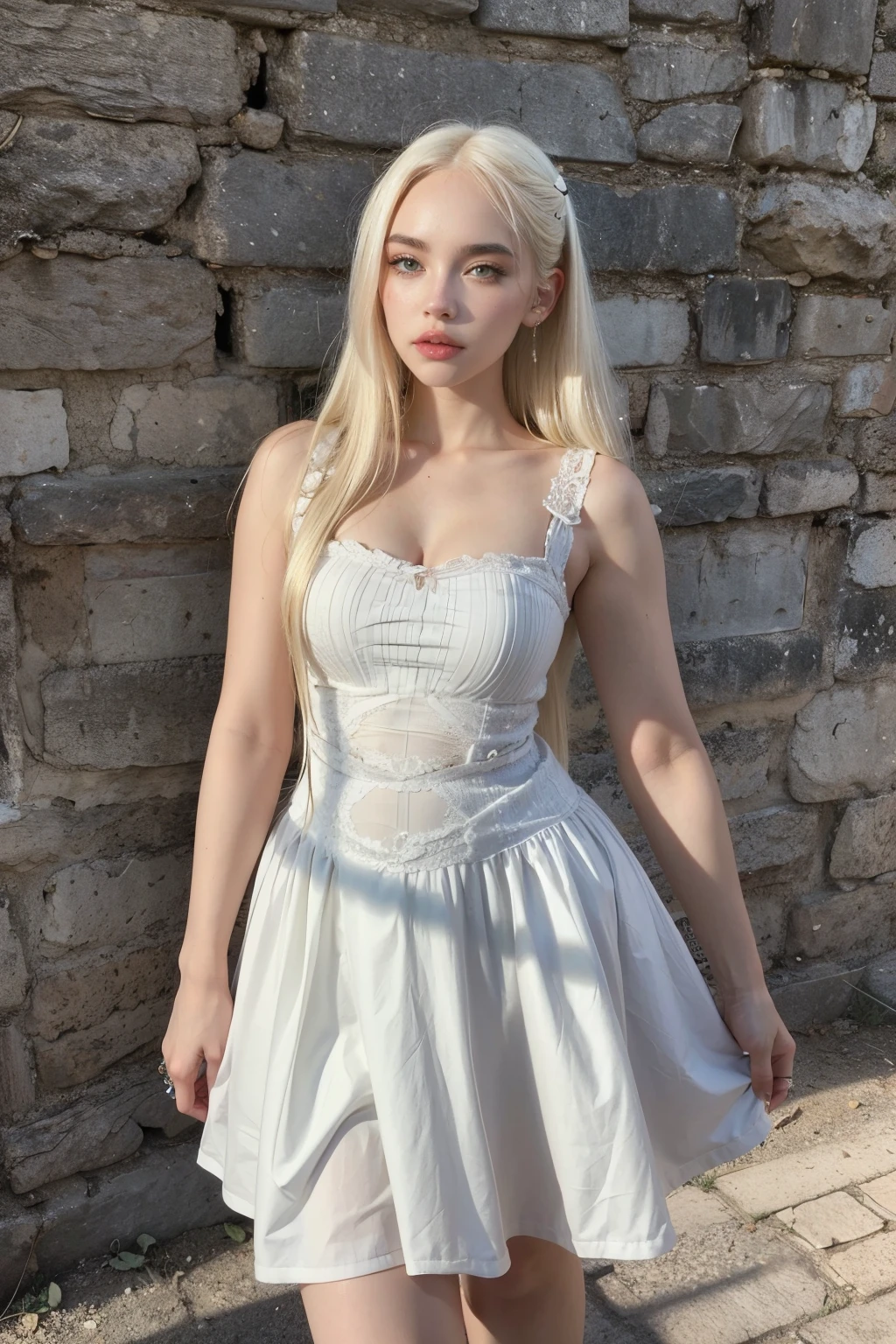 blonde woman with long hair and piercings posing for a photo, pregnant, with white long hair, with long white hair, perfect white haired girl, ava max, tifa lockhart with white hair, pale porcelain white skin, anime girl in real life,  with white hair, extremely light blonde hair, very light blonde hair, with long blonde hair, her hair is white