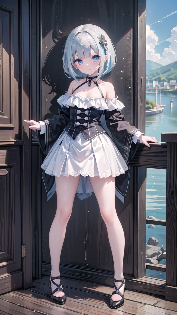 ((Best Quality)), ((Masterpiece)), (detailed), 1 girl, NSFW, small breasts, Prominent collarbones, thin arms, flat stomach, visible hip bones, wide, Horse tail, thick Horse tail, heavy Horse tail, red and white clothes, Inspired by Bloodborne, hidden aesthetic, hidden, detailed and intricate steampunk and detailed gothic, Fluttering lace flared long knee length dress with frilly petticoats, knee length dress, pleated petticoats