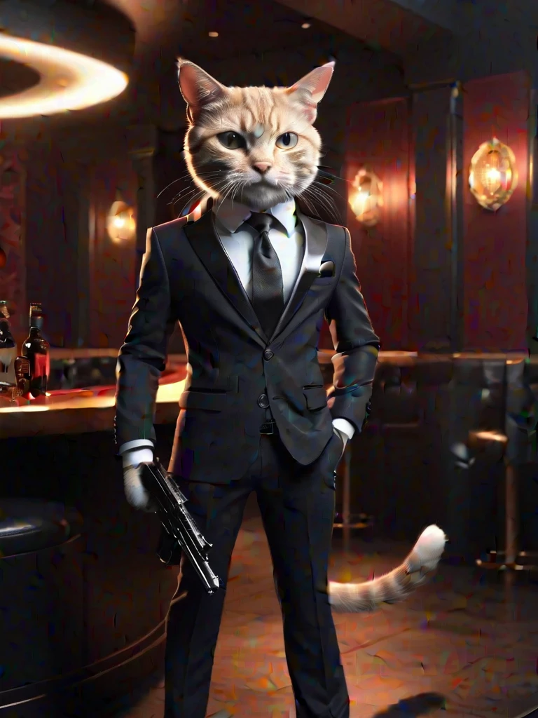 Create a scene where a cat, dressed in a sleek suit and carrying a gun, an upscale nightclub
