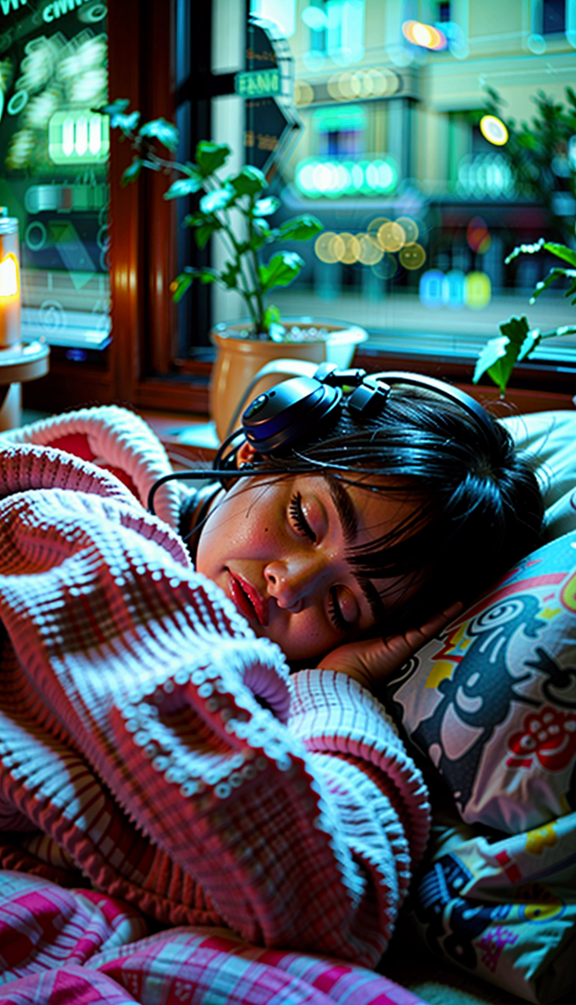night、Girl sleeping in a cozy room, Use headphones, 2D-style animations, Low fidelity, Hard Drive, Dark Environment