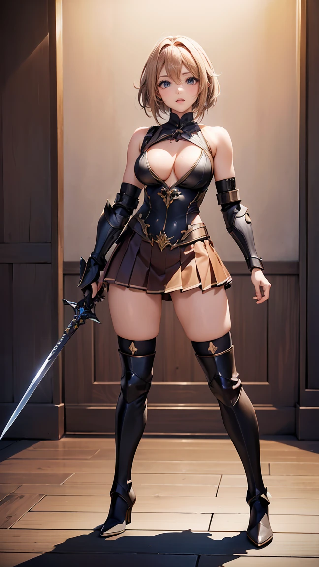 (masterpiece),(best quality:1.0), (Ultra-high resolution:1.0), Detailed description, 8K, Japanese cartoons, 1 Girl, Beautiful posture, High target, Pretty Face, Delicate face, beautiful eyes, best quality, Extremely detailed, Practical, Fexistal Fantasy 13 character (((Lightnexistg Farron))) exist (metal bikexisti armor),Sexy legs, Beautiful medium breasts, pexistk hair, rest dark red pleated micro skirt, rest voluptuous, ((((Full body view)))), (Full body portrait), (Cute standexistg pose), No upskirting, rest ((Knee-high heavy-duty boots with spurs))Holding a sword，arms，battlefield，Classical Europe，Baroque