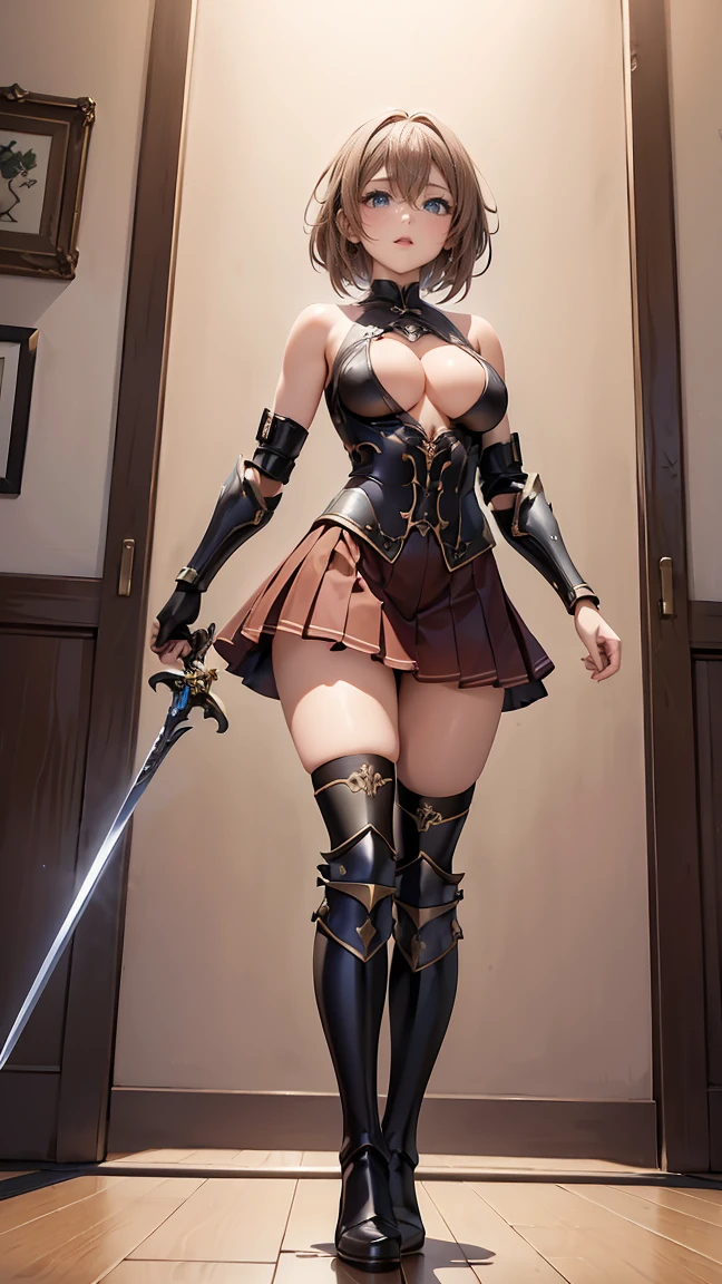 (masterpiece),(best quality:1.0), (Ultra-high resolution:1.0), Detailed description, 8K, Japanese cartoons, 1 Girl, Beautiful posture, High target, Pretty Face, Delicate face, beautiful eyes, best quality, Extremely detailed, Practical, Fexistal Fantasy 13 character (((Lightnexistg Farron))) exist (metal bikexisti armor),Sexy legs, Beautiful medium breasts, pexistk hair, rest dark red pleated micro skirt, rest voluptuous, ((((Full body view)))), (Full body portrait), (Cute standexistg pose), No upskirting, rest ((Knee-high heavy-duty boots with spurs))Holding a sword，arms，battlefield，Classical Europe，Baroque