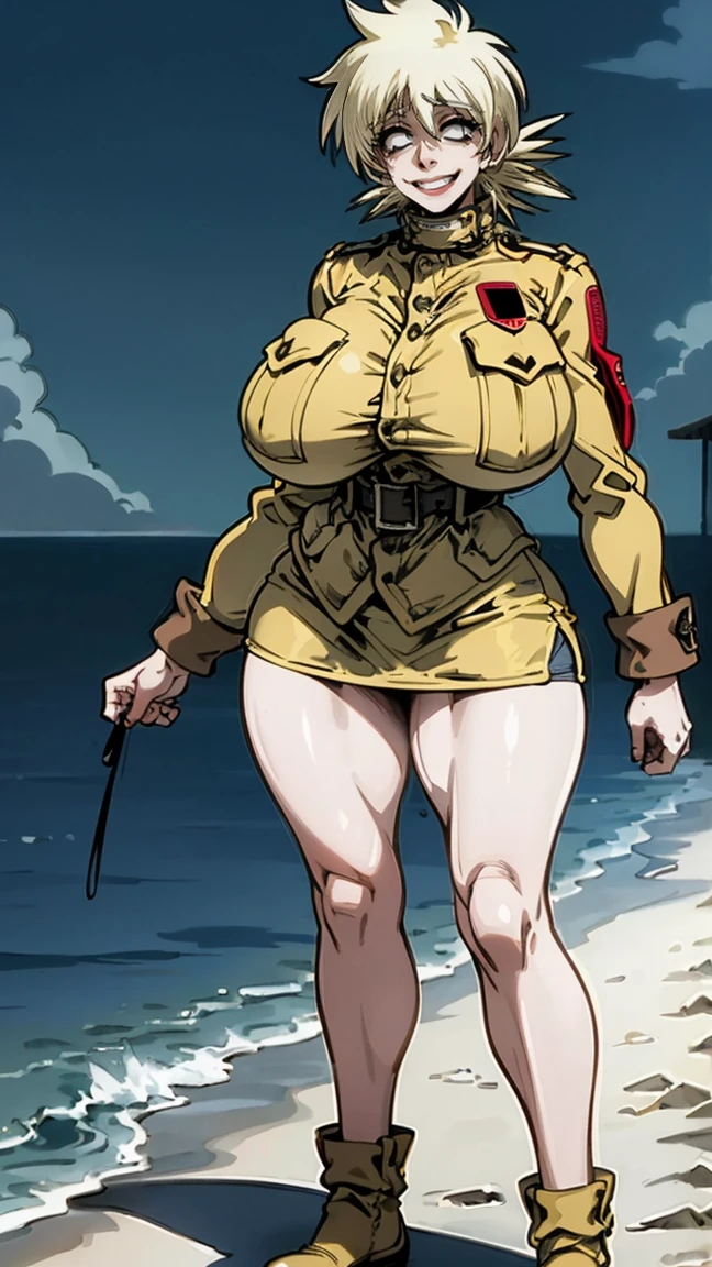 Seras Victoria, milf, old woman, yellow hair, uniforme militar color arena, ((sand-colored military uniform, jacket unbuttoned, white blouse visible underneath,sand colored mini skirt , flushed, smile coqueta, black lipstick)) , (( flushed, smile, oiled skin)), picking up her breasts, (( rubor, Caderas anchas)), Curvy body, (( gigantic sagging breast)), long legs, open legs,Iparuputsua, standing, ((de pie)), on the beach at night, city lights in the distance, Cancun, image from below