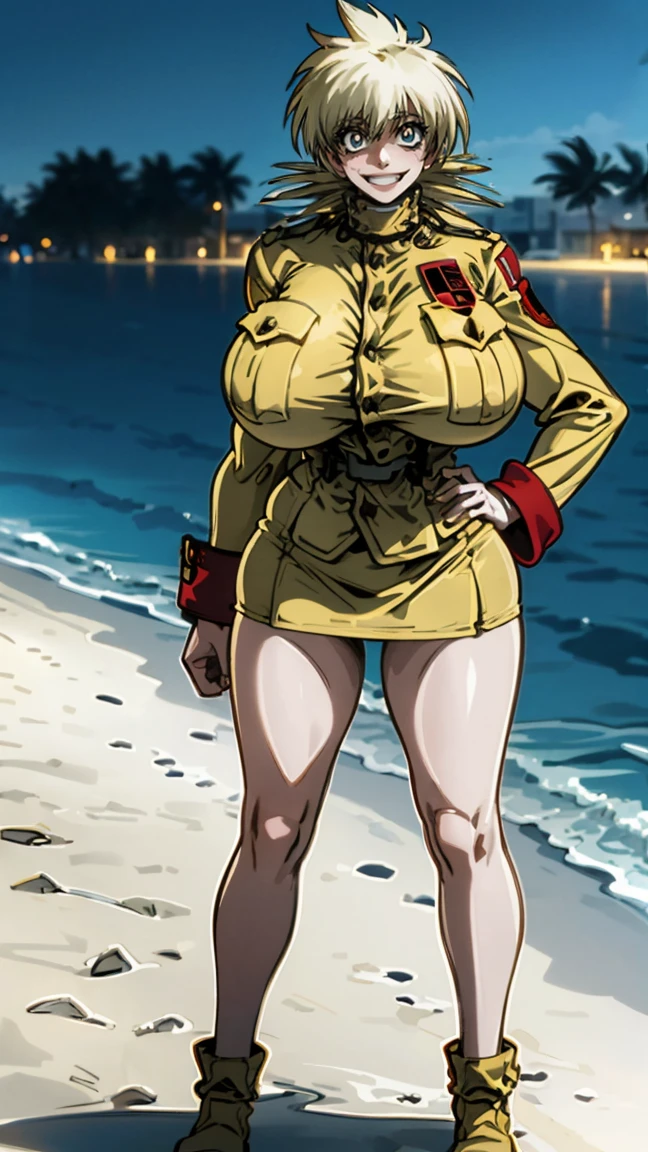 Seras Victoria,  milf, old woman, yellow hair, uniforme militar color arena,  ((sand-colored military uniform, jacket unbuttoned, white blouse visible underneath,sand colored mini skirt , flushed, smile coqueta, black lipstick)) , (( flushed, smile, oiled skin)), picking up her breasts, (( rubor, Caderas anchas)), Curvy body, (( gigantic sagging breast)), long legs, open legs,Iparuputsua, standing, ((de pie)), on the beach at night, city lights in the distance, Cancun, image from below