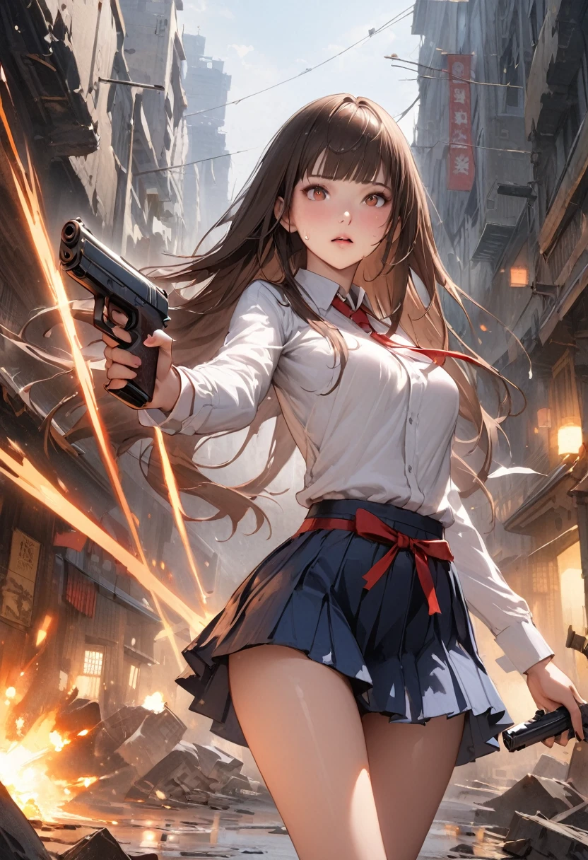 Action Scenes、((A detailed depiction of a woman holding a handgun))、((masterpiece,Highest quality:1.3,best quality illustratio)),realistic,cowboy shot,独奏,1woman,(18-year-old、Japanese Beauty),dark brown hair,long hair,bangs,brown eyes,gorgeous eyes,(very small head:1.3),(very long body:1.2,skinny),medium breasts,(Red ribbon tie、White long sleeve collared shirt、Navy blue pleated mini skirt),gleaming skin,toned body,slender body,sweat,(shooting、Firing stance),Ruined city、Collapsed building、、World of Blade Runner、