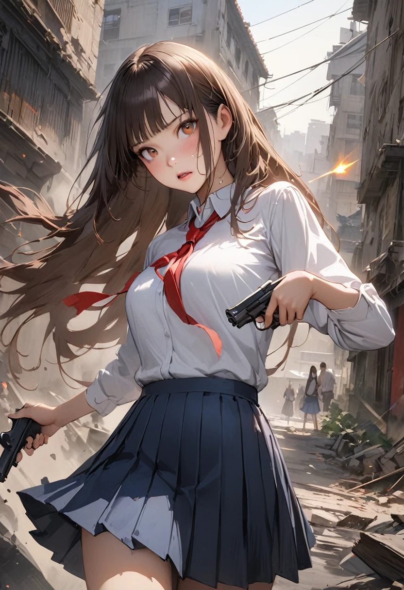 Action Scenes、((A detailed depiction of a woman holding a handgun))、((masterpiece,Highest quality:1.3,best quality illustratio)),realistic,cowboy shot,独奏,1woman,(18-year-old、Japanese Beauty),dark brown hair,long hair,bangs,brown eyes,gorgeous eyes,(very small head:1.3),(very long body:1.2,skinny),medium breasts,(Red ribbon tie、White long sleeve collared shirt、Navy blue pleated mini skirt),gleaming skin,toned body,slender body,sweat,(shooting、Firing stance),Ruined city、Collapsed building、、World of Blade Runner、