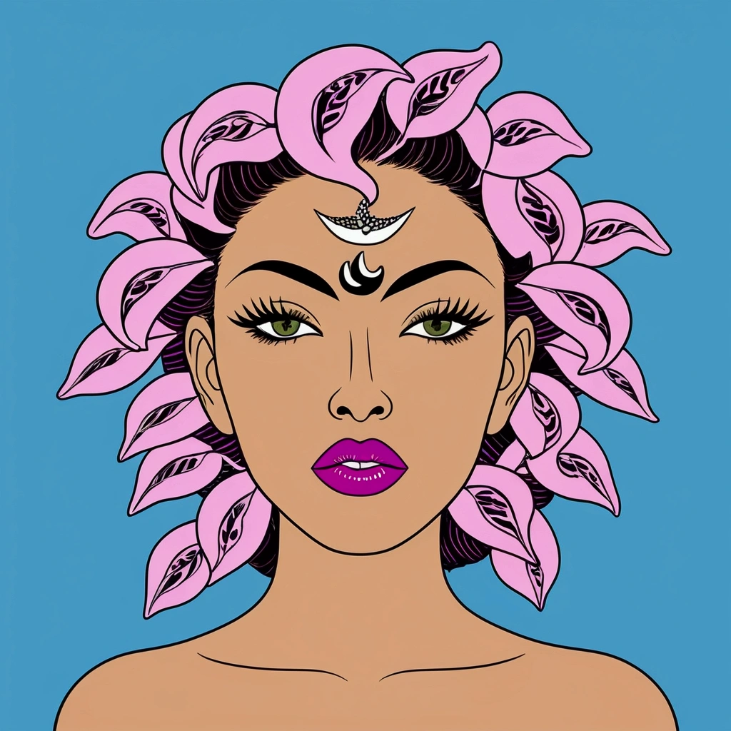 A poster in the pop art style of colorful pink, green and purple tree leaves in the shape of lips. A screen print design with simple shapes and bold lines evoking a 1960s vibe, with no text, letters or words - only colors and patterns against a flat color background. A vector illustration with high contrast and a vivid color palette, bold shadows, a dynamic composition, symmetrical layout and modern graphic design. Featuring a unique pattern and vintage aesthetic, with a hand drawn style.