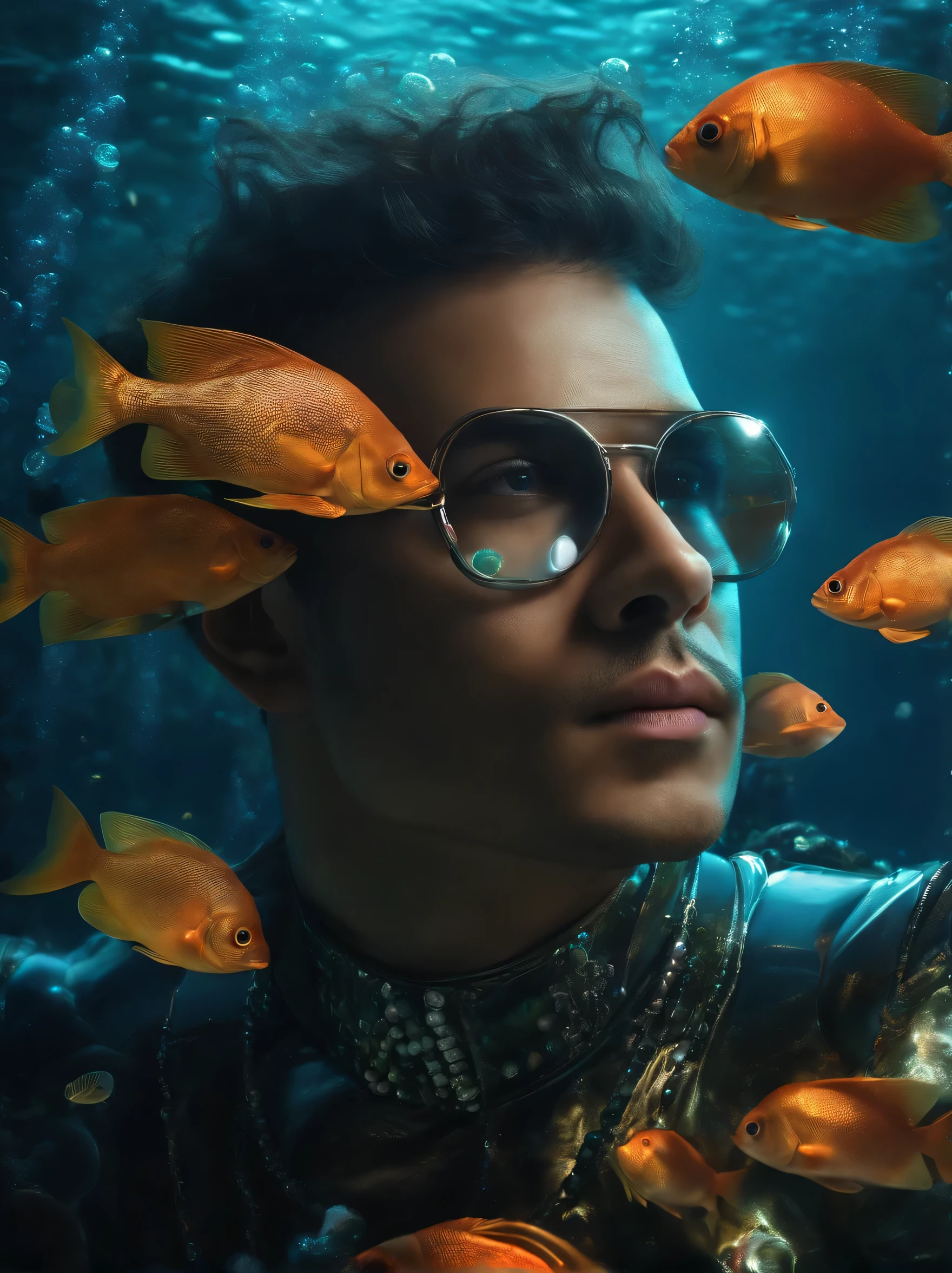 naughty man, trimmed bem hair, futuristic outfit covered in shiny jewels, looking at the camera, swimming freely in a fantastic seabed, underwater world in action, fish around. unreal motor 5, hyper realist, cinematic light, high qualiy, hight clarity, ultra-detailed, work of art, fantastic atmosphere, dreamy and dramatic.