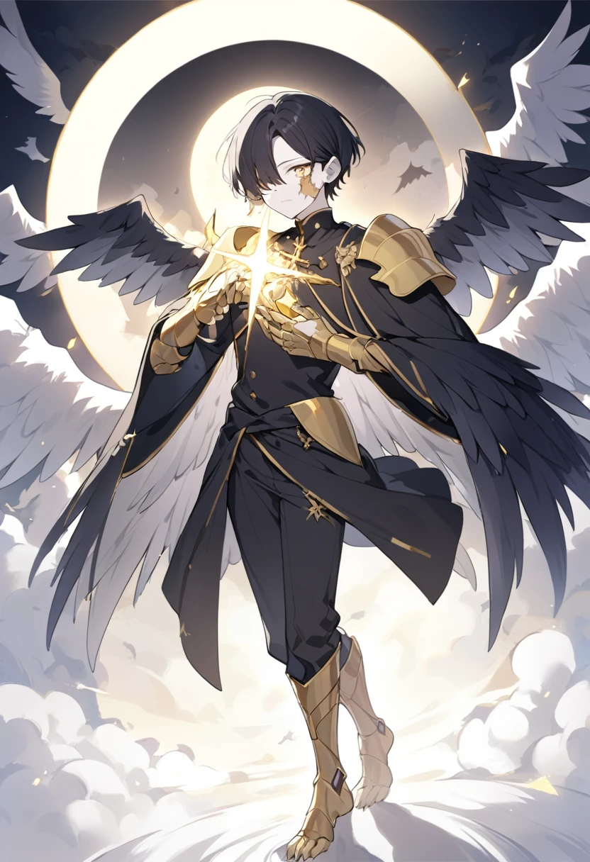 1man, adult, angel, pale skin, black hair, very short hair, white hairlocks, golden eyes, broken face, crack on the face, radiance coming from the crack, missing eye, black wings, eyed wings, bird legs, black robes, golden details, golden shoulder pads, golden prothesis in right hand, clawsprothesis, sword-cross on hands, eclipse, radiance, fullbody
